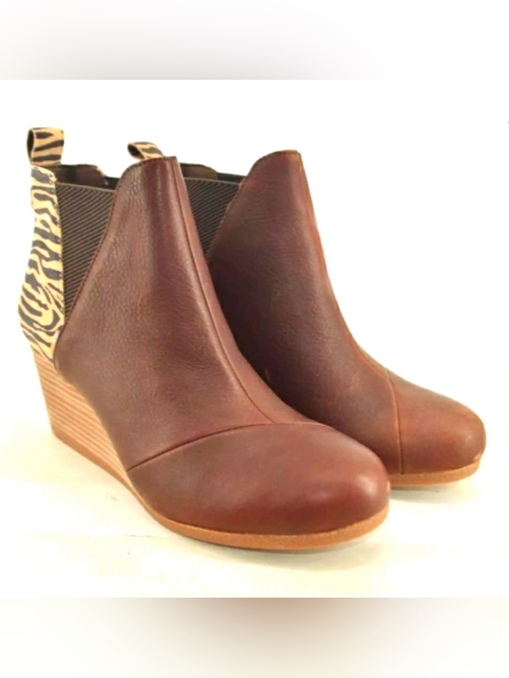 Toms Kelsey Brown Leather Zebra Print Wedge Booties Size 7.5